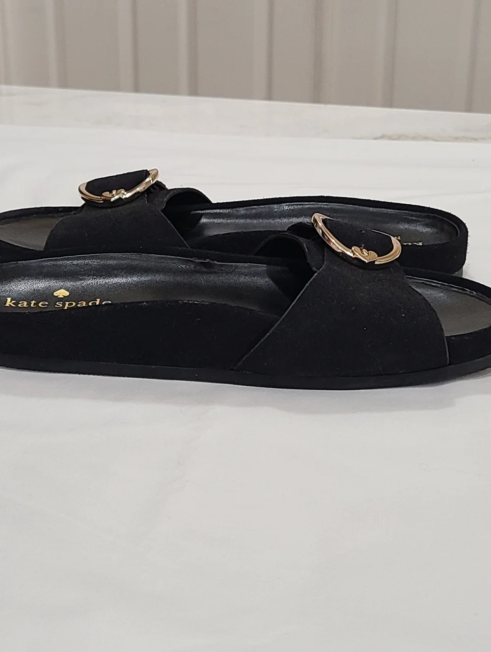 kate spade New York Della Slide Sandals Black Gold Buckle Size 7